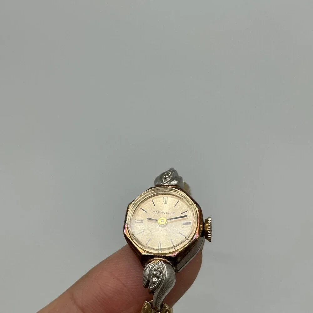Vintage Caravelle Womens Watch 14mm Champagne Gold Tone Bracelet Diamond Manual
